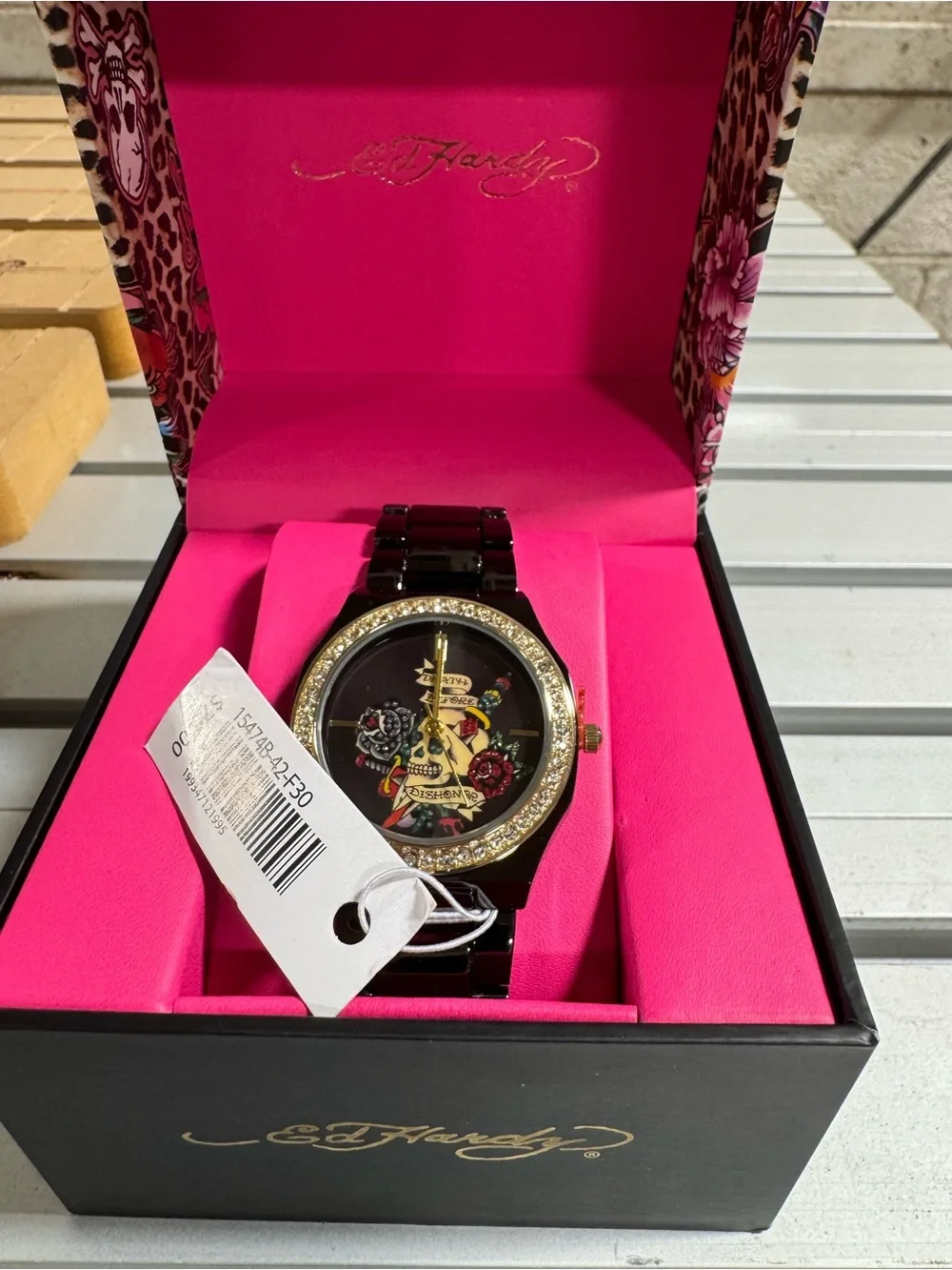 Ed Hardy Women’s Black Steel Quartz Skull Dial Watch